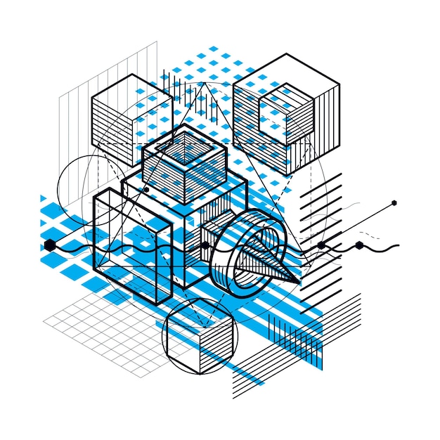 Isometric linear abstract vector background, lined abstraction. Cubes, hexagons, squares, rectangles and different abstract elements.