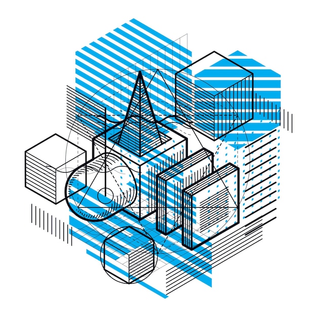 Isometric linear abstract vector background, lined abstraction. Cubes, hexagons, squares, rectangles and different abstract elements.