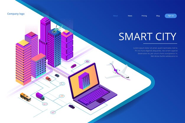 isometric modern city. concept website template. smart city with smart services and icons, internet of things, networks and augmented reality concept.