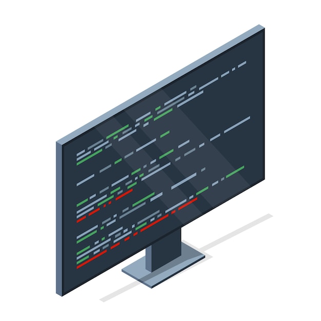 Isometric monitor with program code on screen Programming concept Web development Vector illustration