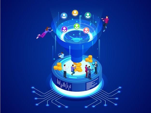 Isometric online funnel generation sales customer generation digital marketing and ebusiness technology concept Landing page template for web Internet marketing vector illustration
