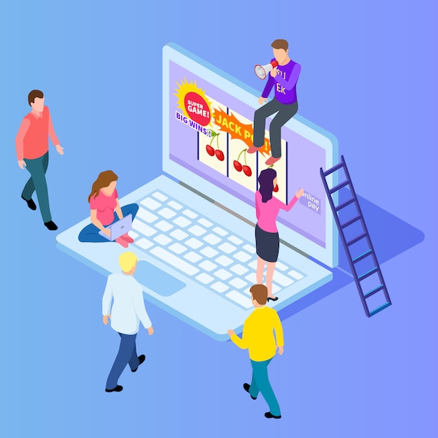 Isometric online gambling, casino, slot machine isometric vector illustration