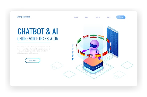 Isometric online language learning with artificial intelligence or Science teacher bot concept. Online language school lifestyle. Education Concept.