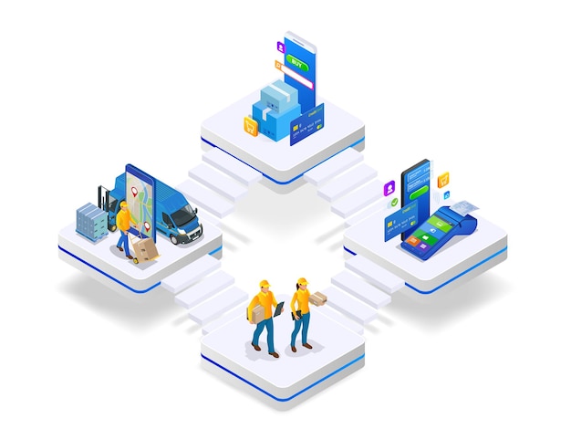 Isometric Online shopping concept. Sale, consumerism, buy online and e-commerce concept. Vector illustration.