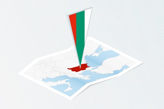 Isometric paper map of Bulgaria with triangular flag of Bulgaria in isometric style Map on topographic background