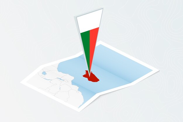 Isometric paper map of Madagascar with triangular flag of Madagascar in isometric style Map on topographic background