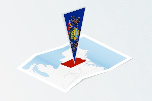 Isometric paper map of Pennsylvania with triangular flag of Pennsylvania in isometric style Map on topographic background