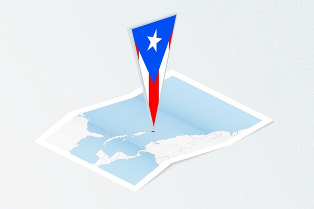 isometric paper map of puerto rico with triangular flag of puerto rico in isometric style map on topographic background