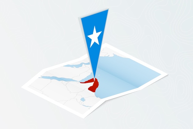 isometric paper map of somalia with triangular flag of somalia in isometric style map on topographic background