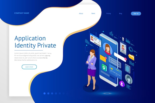 Isometric Personal Data Information App Identity Private Concept Digital data Secure Banner Biometrics technology vector illustration for personal identity recognition and access authentication