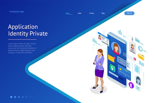 Isometric Personal Data Information App Identity Private Concept Digital data Secure Banner Biometrics technology vector illustration for personal identity recognition and access authentication