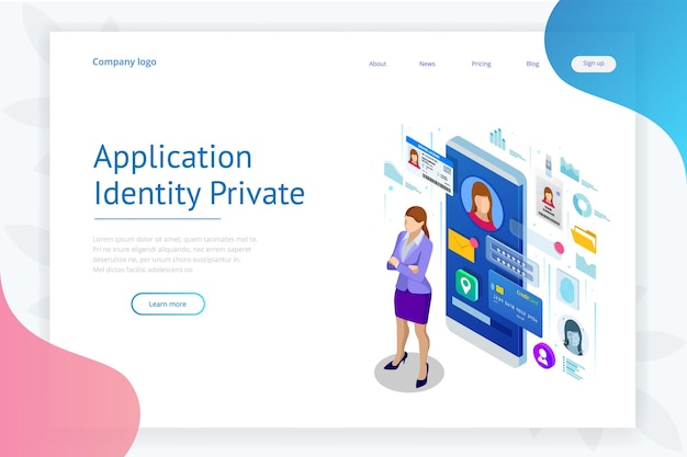 Isometric Personal Data Information App Identity Private Concept Digital data Secure Banner Biometrics technology vector illustration for personal identity recognition and access authentication