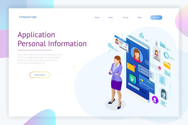 Isometric Personal Data Information App Identity Private Concept Digital data Secure Banner Biometrics technology vector illustration for personal identity recognition and access authentication