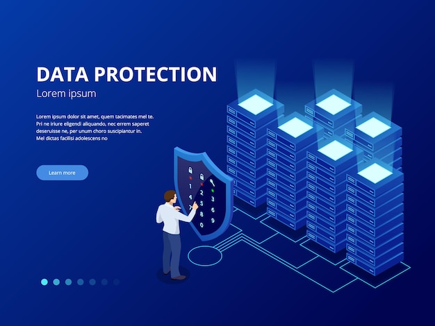 Isometric personal data protection web banner concept. Cyber security and privacy. Traffic Encryption, VPN, Privacy Protection Antivirus. Vector illustration.