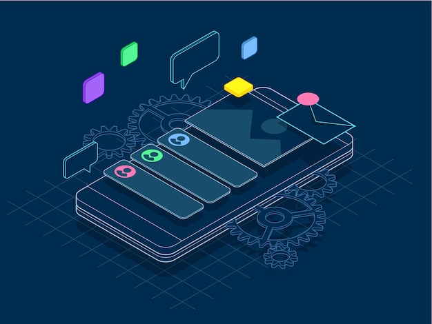 Isometric phone with gears, cogs and repair concept of line. Mobile services banner vector illustration.