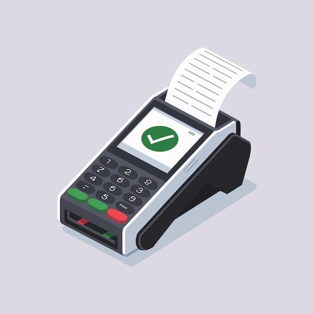 Isometric POS Terminal with Receipt and Check Mark