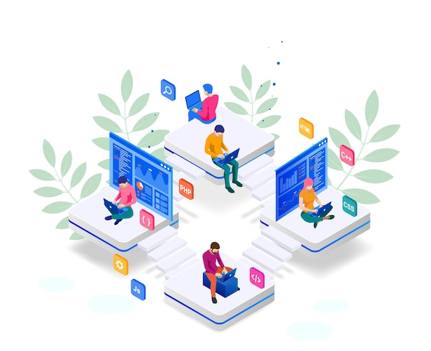 Isometric programmer coding new project. Web Development and Programming Skills for website. WEB Banner illustration project team of engineers for website, PHP, HTML, CSS, Js.