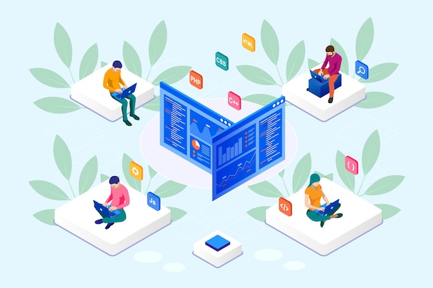 Isometric programmer coding new project. Web Development and Programming Skills for website. WEB Banner illustration project team of engineers for website, PHP, HTML, CSS, Js.