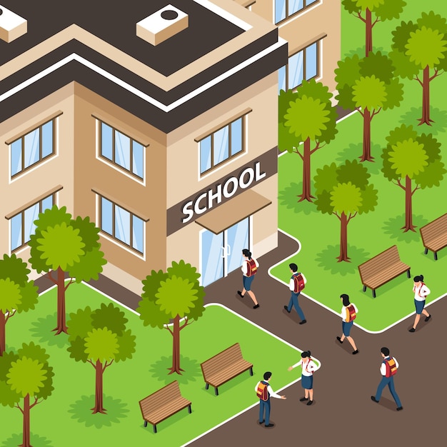 Isometric school composition with outdoor scenery and building facade with entrance and walking pupils with backpacks