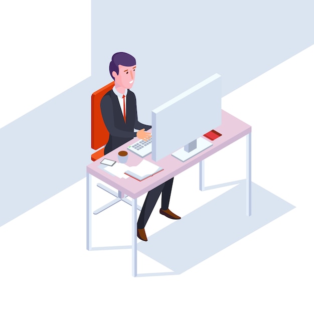 Isometric SEO businessman at work. Flat style office vector illustration. Man in office work at computer