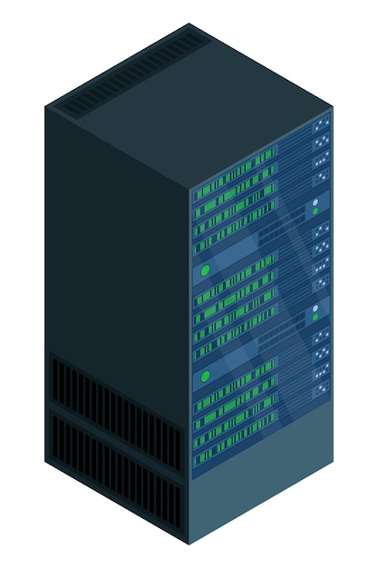 Isometric server Network server room Server in cabinets Storage database Isometric technology Vector illustration