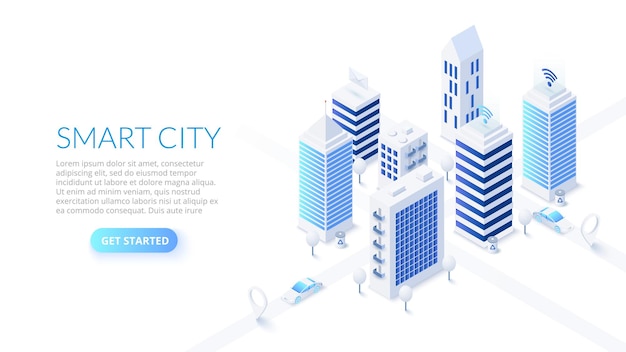 Isometric smart city illustration Business center with skyscrapers and intelligent buildings