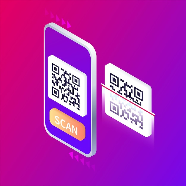 isometric smartphone scanning qr code download page of the mobile app web banner concept web