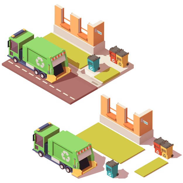 isometric street with garbage truck and separated waste containers