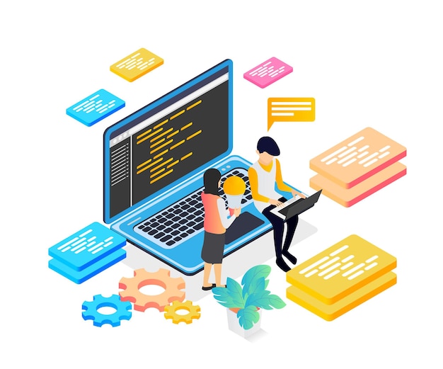 Isometric style illustration of ui design programmer coworker
