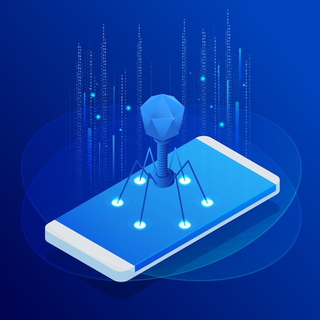 Isometric touch phone with virus, alert notification, hacking, cybersecurity, fraud internet error concept. Hacking smartphone user database. New technologies security.