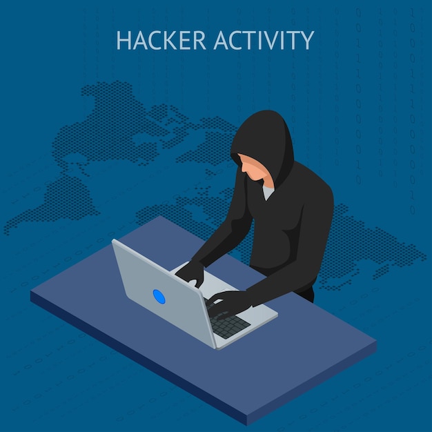 Isometric vector Internet hacker attack and personal data security concept. Computer security technology. E-mail spam viruses bank account hacking. Hacker working on a code. Internet crime concept.
