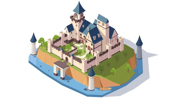 Isometric view of a castle on an island with trees and water vector illustration