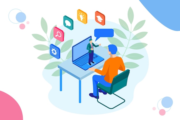 isometric web banner online training or education and internet training courses concept. landing page template. modern design for a web page.
