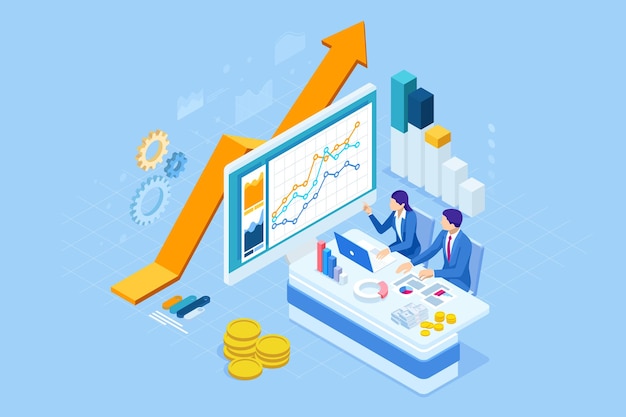 isometric web business concept of financial administration accounting analysis audit financial report auditing tax process documents graphics charts planner calendar report
