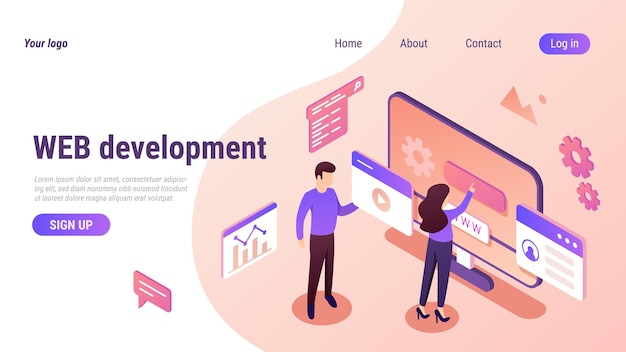 Isometric web design Website landing page 3D develop content Computer technology product interface Creative digital project UX UI browser window Vector online banner template