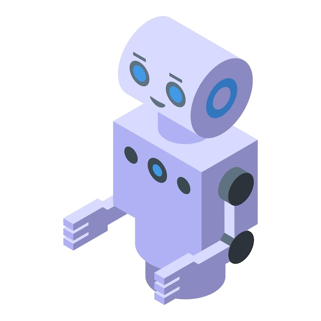Isometric white robot smiling with blue eyes