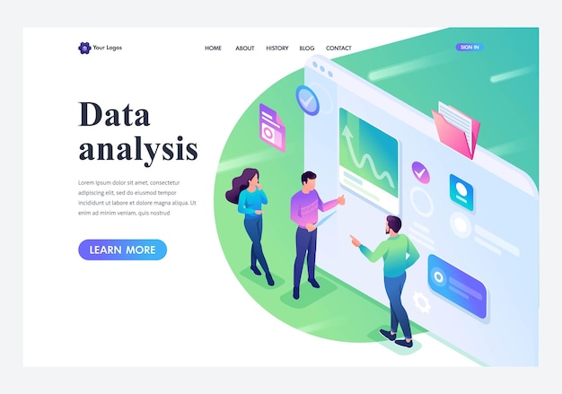 Isometric young people stand and analyze the data on the tablet screen Template landing page