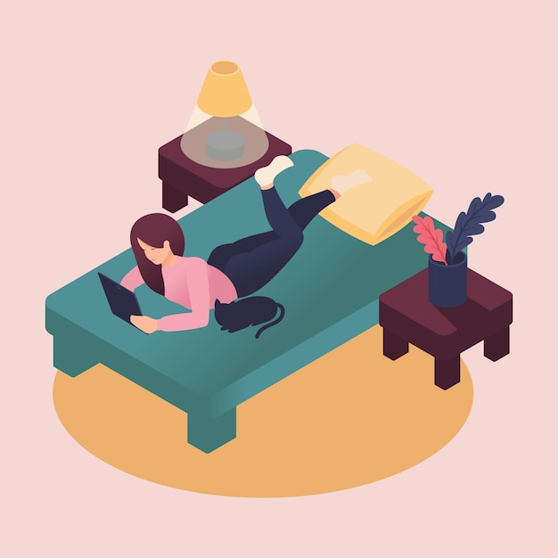 isometric young woman studying at home, lying on bed with tablet, taking care of pet. color illustration in flat style