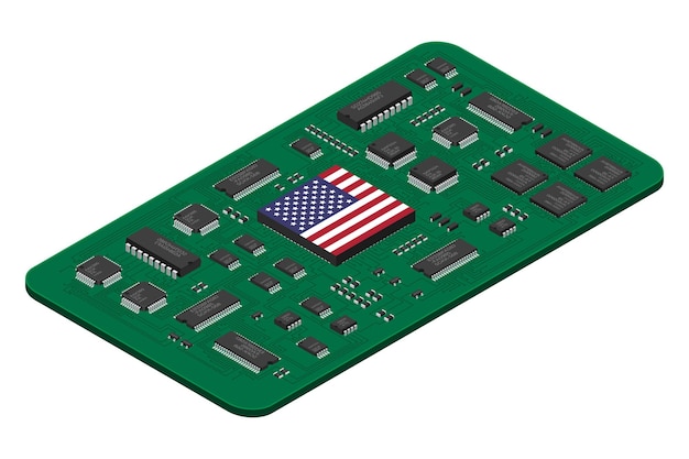 Isometrinen elektroninen levy, jossa on USA:n lippu. Isometrinen painettu piirilevy, jossa on elektronisia komponentteja. Elektronisia komponentteja ja integroitu piirilevy
