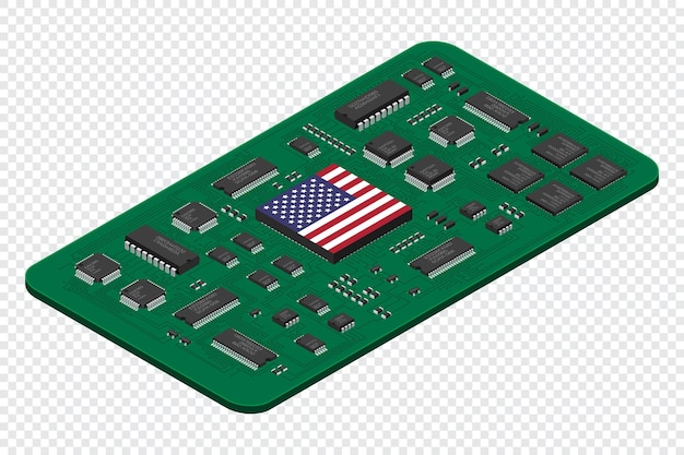 Isometrinen elektroninen levy, jossa on USA:n lippu. Isometrinen painettu piirilevy, jossa on elektronisia komponentteja. Elektronisia komponentteja ja integroitu piirilevy