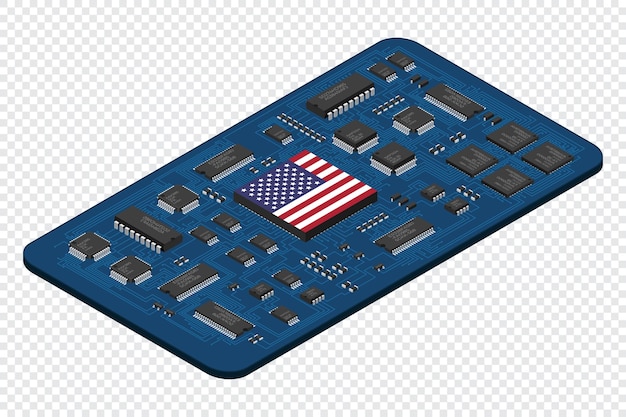 Isometrinen elektroninen levy, jossa on USA:n lippu. Isometrinen painettu piirilevy, jossa on elektronisia komponentteja. Elektronisia komponentteja ja integroitu piirilevy