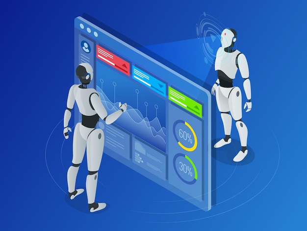 Isometrinen robotti työskentelee digitaalisen näytön kanssa. Robotti ohjelmoi toisen robotin. Horisontaalinen tekoälybanneri. Vektorikuvaus