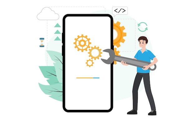 IT administrator with software upgrade process on mobile. Digital system device administration, network upkeeping, smartphone systems configuration concept. System maintenance application vector.