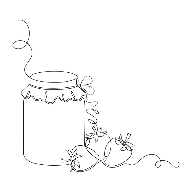 Jam jar and strawberry berry drawing with one continuous line Linear silhouette hand drawn in minimalism Vector editable outline