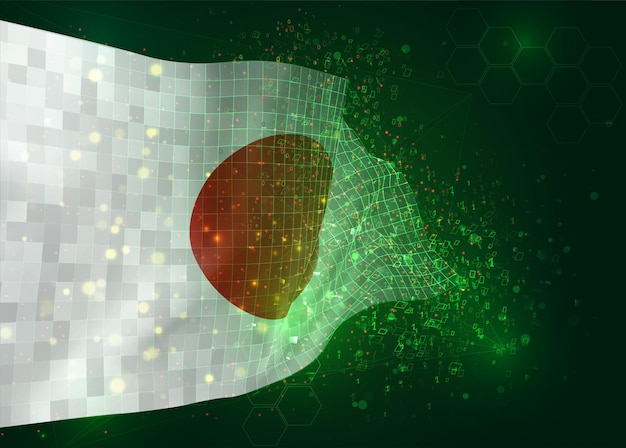 japan, on vector 3d flag on green background with polygons and data numbers