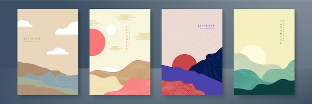 Japanilainen tausta, jossa on aaltoviivakuvio. Vektoripohjainen abstrakti mallipohja geometrisellä kuviolla. Vuoristomaiseman ulkoasun design itämaiseen tyyliin