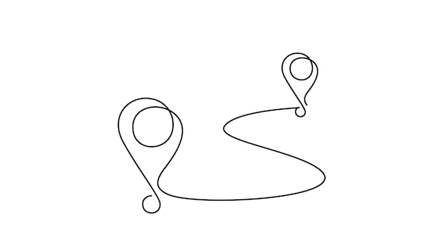 Jatkuva yhden viivan piirros polusta ja sijaintiosoittimista. Yksinkertaiset nastat tiellä kahden pisteen välillä ohuessa lineaarisessa tyylissä. GPS-navigointi ja matkailukonsepti. Doodle vektorikuvitus.