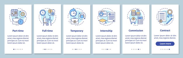 Jobs types onboarding mobile app page screen with linear concepts. Part-time, full-time, temporary, internship walkthrough steps graphic instructions. UX, UI, GUI vector template with icons