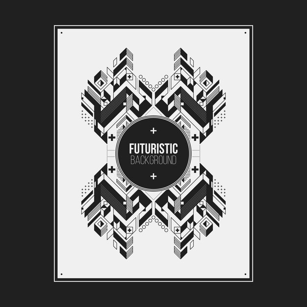 Julisteen/printin designmallipohja, jossa on symmetrinen abstrakti elementti valkoisella taustalla. Hyödyllinen kirjojen ja aikakauslehtien kansiin.