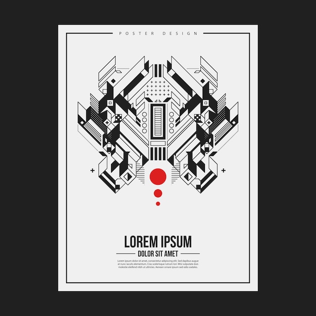 Julisteen/printin designmallipohja, jossa on symmetrinen abstrakti elementti valkoisella taustalla. Hyödyllinen kirjojen ja aikakauslehtien kansiin.